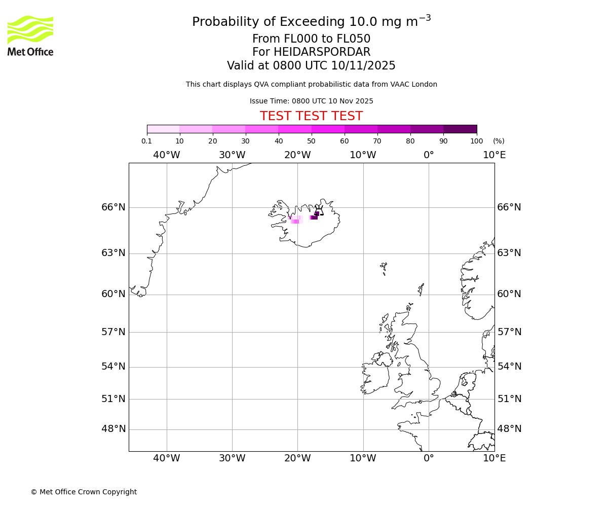 Probability of exceeding 10.0 milligrams per metre cubed. From 000 to 050 for HEIDARSPORDAR. Valid at 0800 UTC 10/11/2025