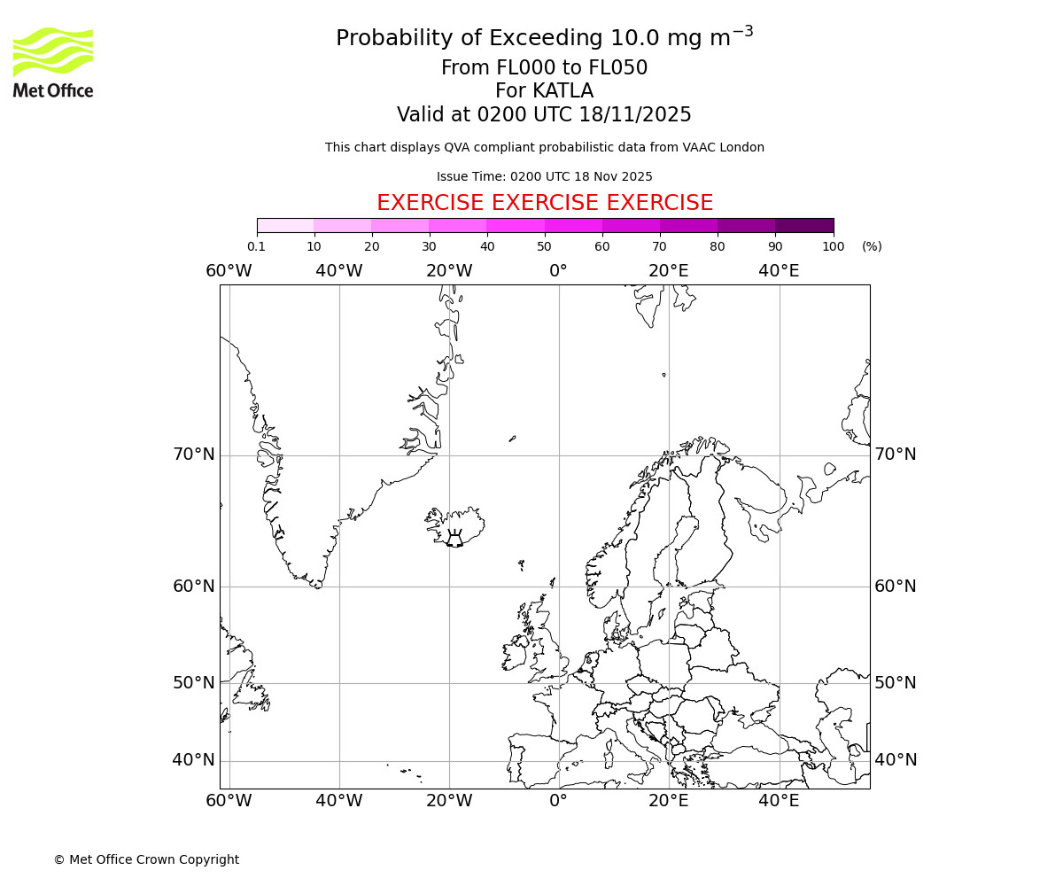 Probability of exceeding 10.0 milligrams per metre cubed. From 000 to 050 for KATLA. Valid at 0200 UTC 18/11/2025