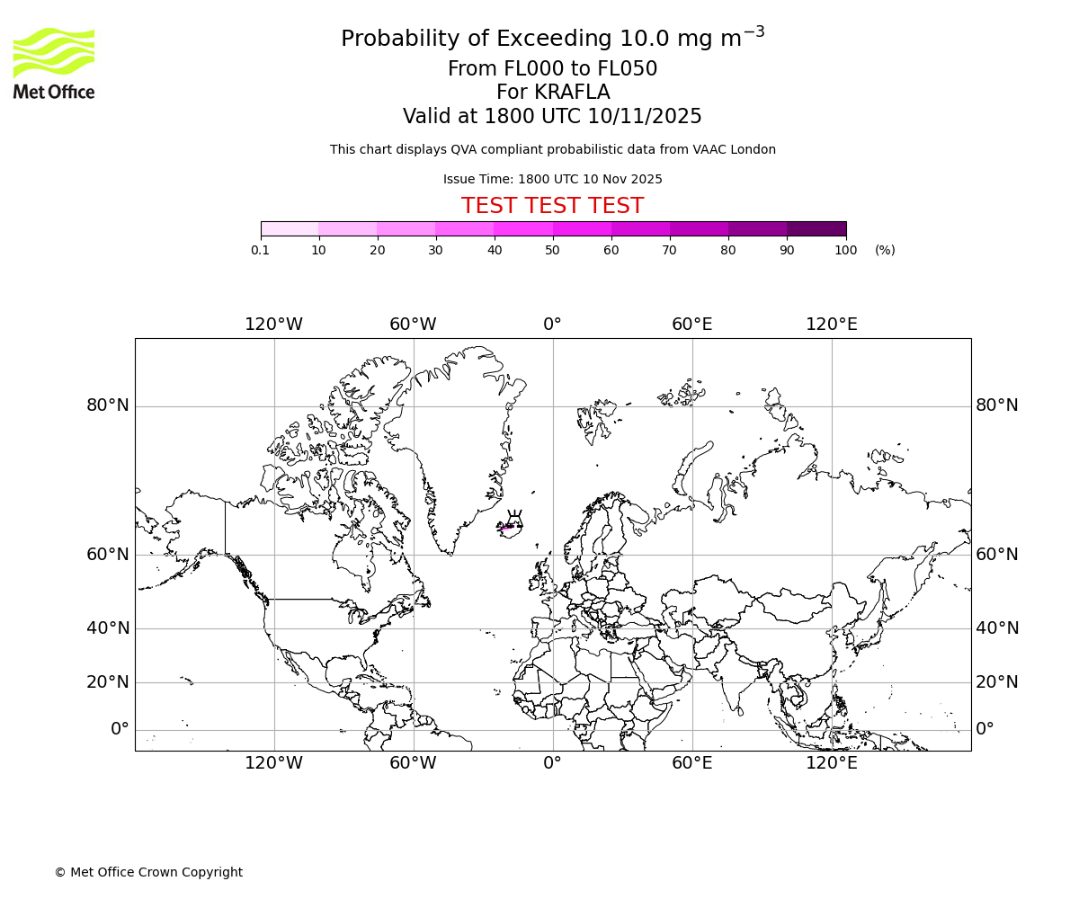 Probability of exceeding 10.0 milligrams per metre cubed. From 000 to 050 for KRAFLA. Valid at 1800 UTC 10/11/2025