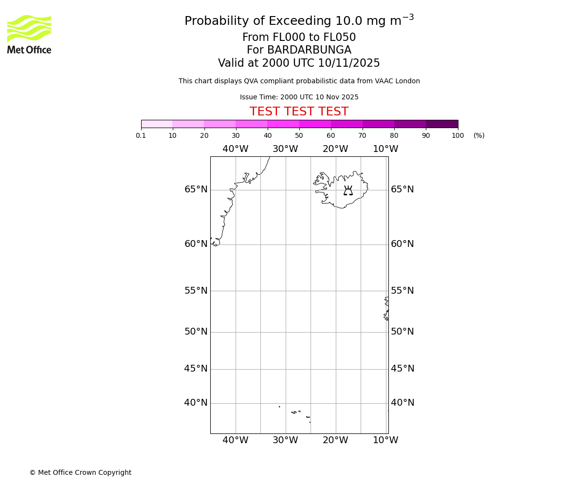Probability of exceeding 10.0 milligrams per metre cubed. From 000 to 050 for BARDARBUNGA. Valid at 2000 UTC 10/11/2025