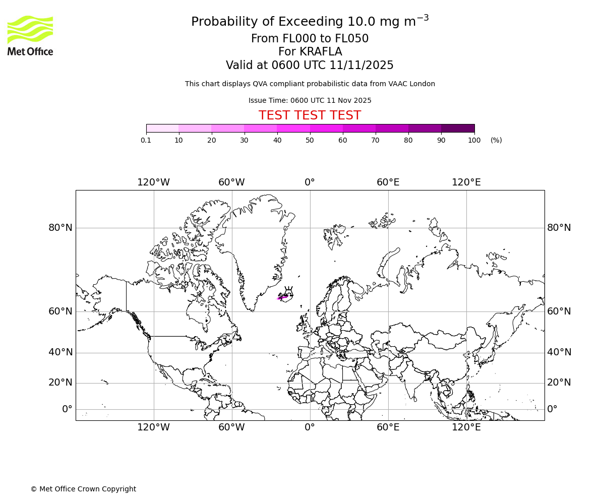 Probability of exceeding 10.0 milligrams per metre cubed. From 000 to 050 for KRAFLA. Valid at 0600 UTC 11/11/2025