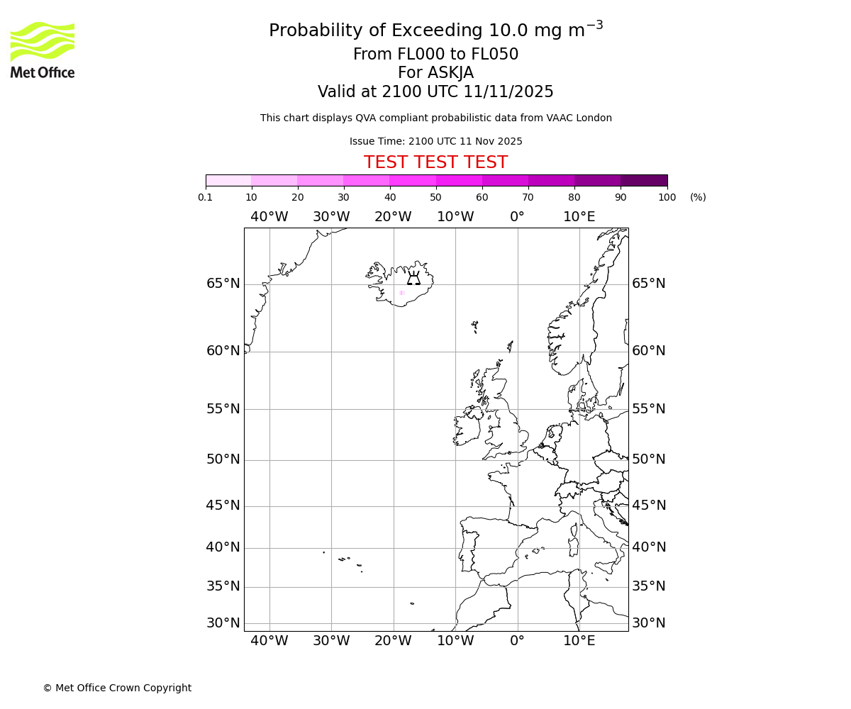 Probability of exceeding 10.0 milligrams per metre cubed. From 000 to 050 for ASKJA. Valid at 2100 UTC 11/11/2025