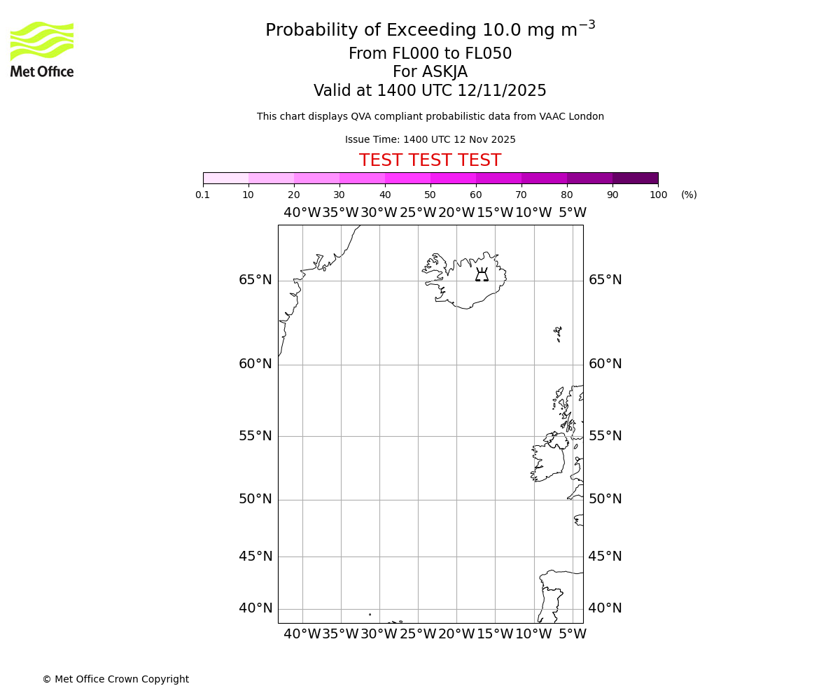 Probability of exceeding 10.0 milligrams per metre cubed. From 000 to 050 for ASKJA. Valid at 1400 UTC 12/11/2025