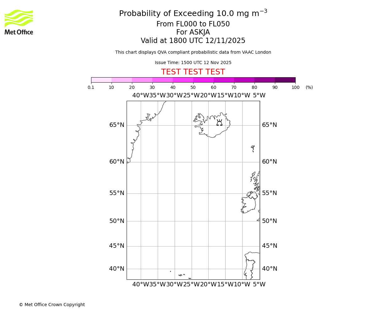 Probability of exceeding 10.0 milligrams per metre cubed. From 000 to 050 for ASKJA. Valid at 1800 UTC 12/11/2025