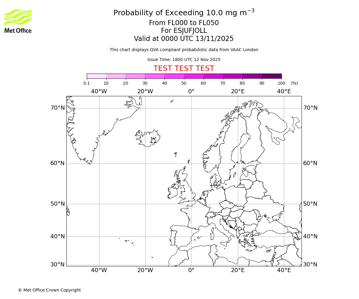 Probability of exceeding 10.0 milligrams per metre cubed. From 000 to 050 for ESJUFJOLL. Valid at 0000 UTC 13/11/2025