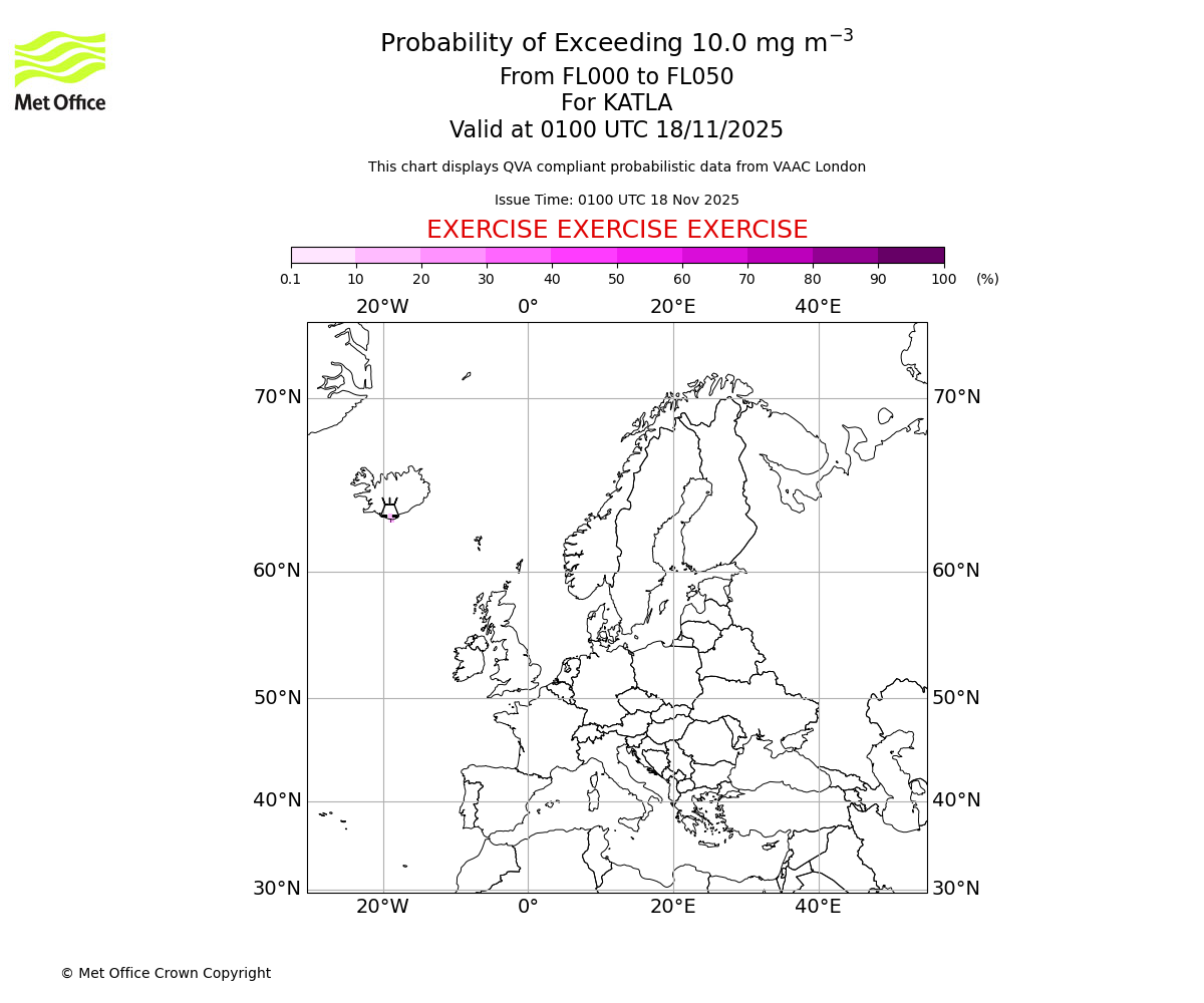 Probability of exceeding 10.0 milligrams per metre cubed. From 000 to 050 for KATLA. Valid at 0100 UTC 18/11/2025