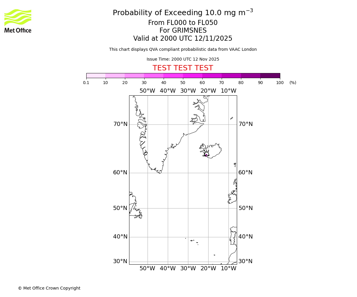 Probability of exceeding 10.0 milligrams per metre cubed. From 000 to 050 for GRIMSNES. Valid at 2000 UTC 12/11/2025