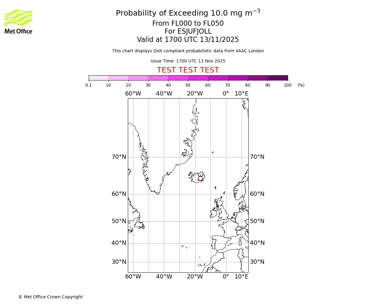 Probability of exceeding 10.0 milligrams per metre cubed. From 000 to 050 for ESJUFJOLL. Valid at 1700 UTC 13/11/2025