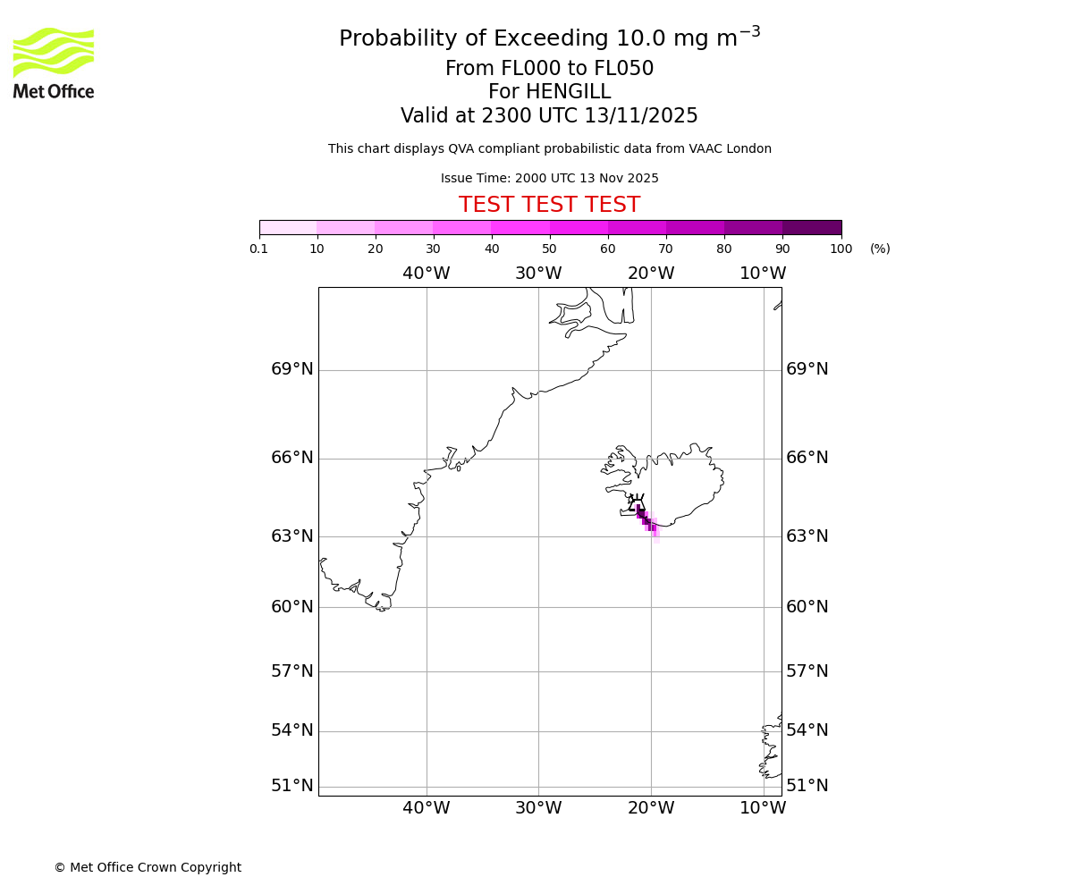 Probability of exceeding 10.0 milligrams per metre cubed. From 000 to 050 for HENGILL. Valid at 2300 UTC 13/11/2025