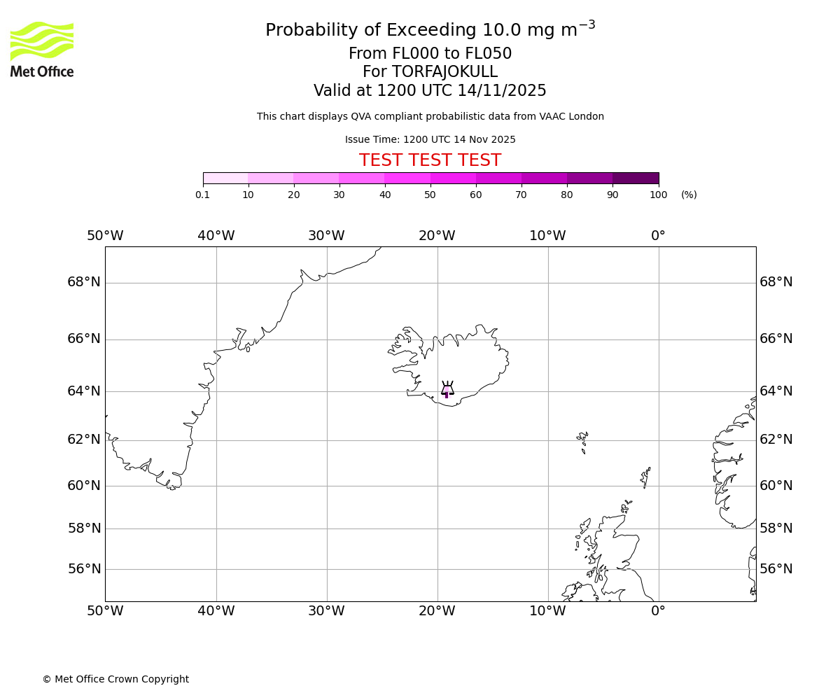 Probability of exceeding 10.0 milligrams per metre cubed. From 000 to 050 for TORFAJOKULL. Valid at 1200 UTC 14/11/2025