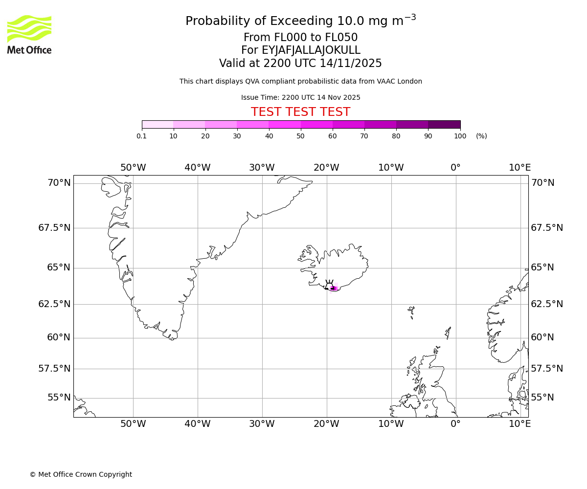 Probability of exceeding 10.0 milligrams per metre cubed. From 000 to 050 for EYJAFJALLAJOKULL. Valid at 2200 UTC 14/11/2025