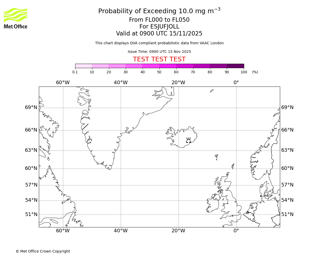 Probability of exceeding 10.0 milligrams per metre cubed. From 000 to 050 for ESJUFJOLL. Valid at 0900 UTC 15/11/2025