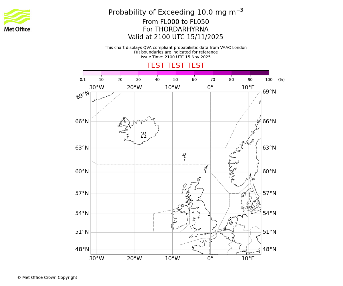 Probability of exceeding 10.0 milligrams per metre cubed. From 000 to 050 for THORDARHYRNA. Valid at 2100 UTC 15/11/2025