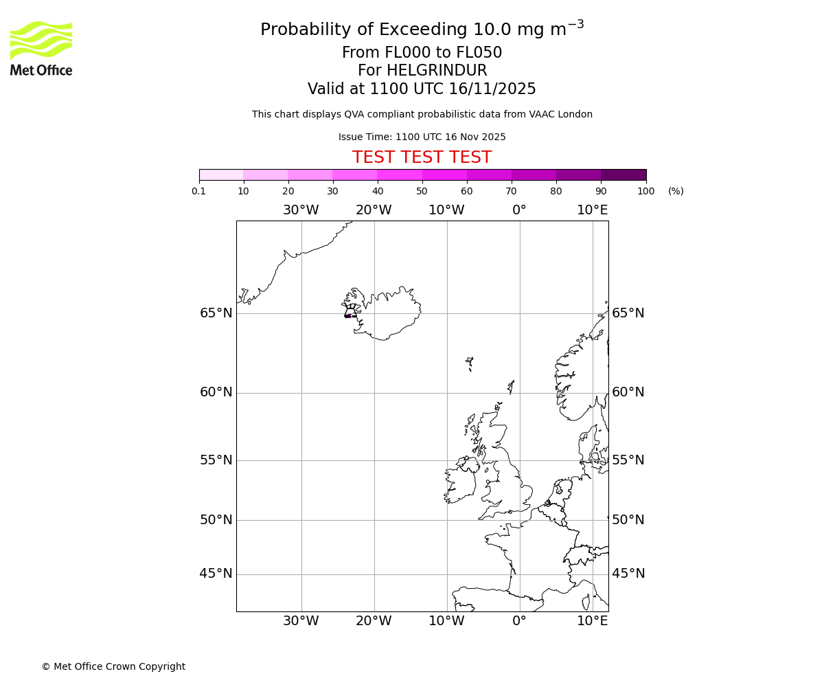 Probability of exceeding 10.0 milligrams per metre cubed. From 000 to 050 for HELGRINDUR. Valid at 1100 UTC 16/11/2025