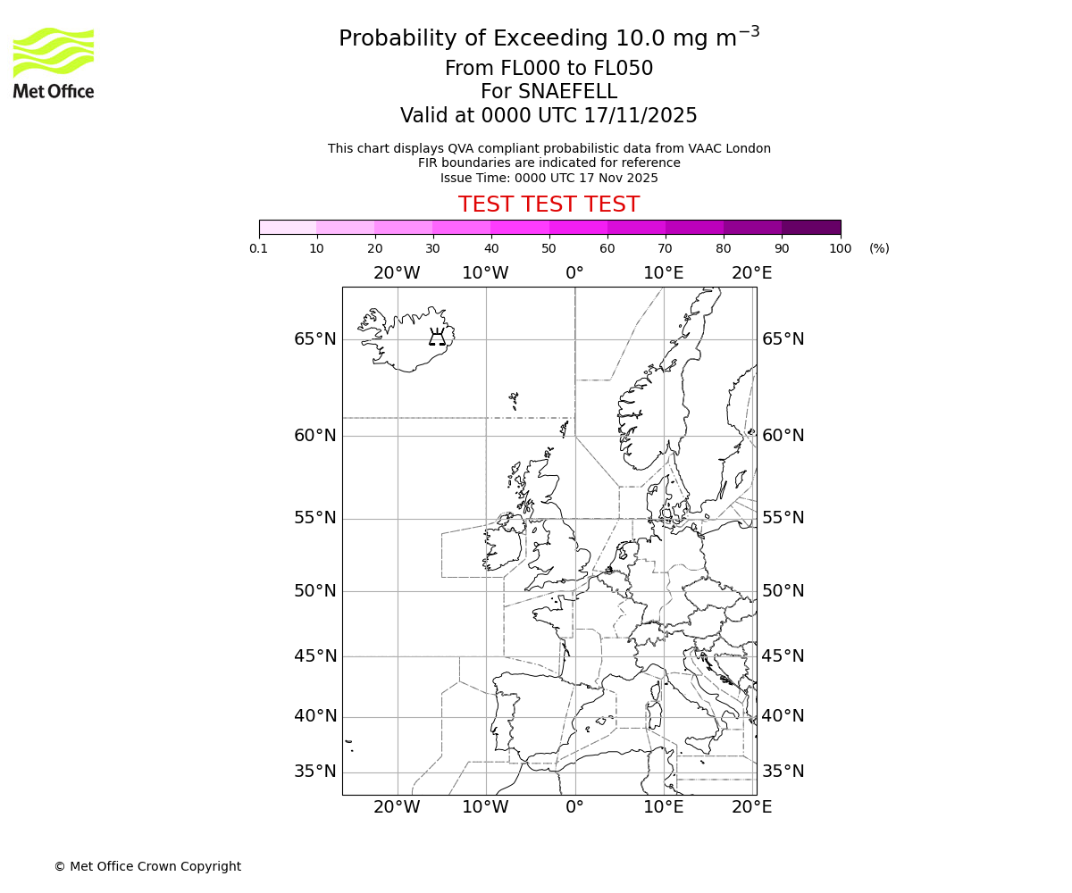 Probability of exceeding 10.0 milligrams per metre cubed. From 000 to 050 for SNAEFELL. Valid at 0000 UTC 17/11/2025