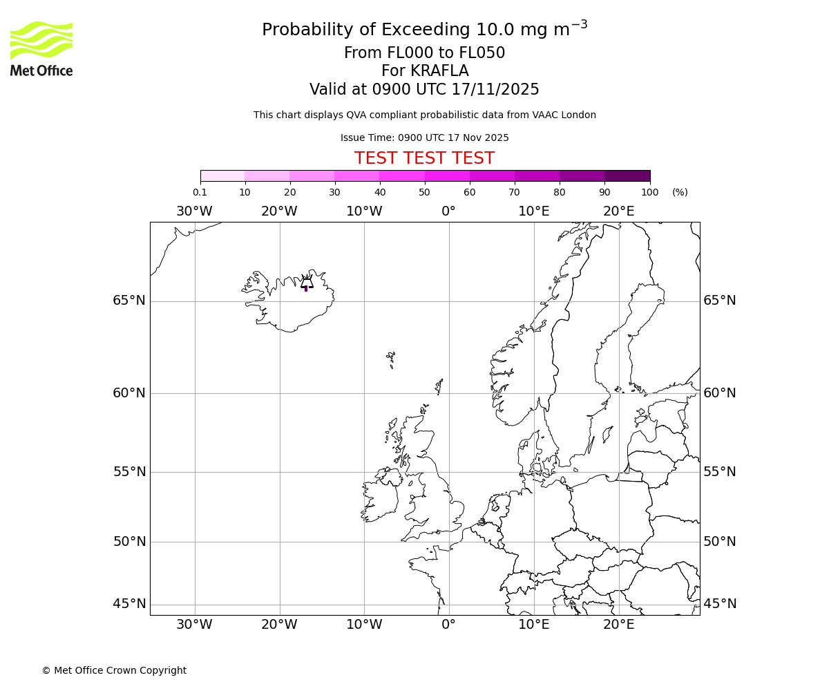 Probability of exceeding 10.0 milligrams per metre cubed. From 000 to 050 for KRAFLA. Valid at 0900 UTC 17/11/2025