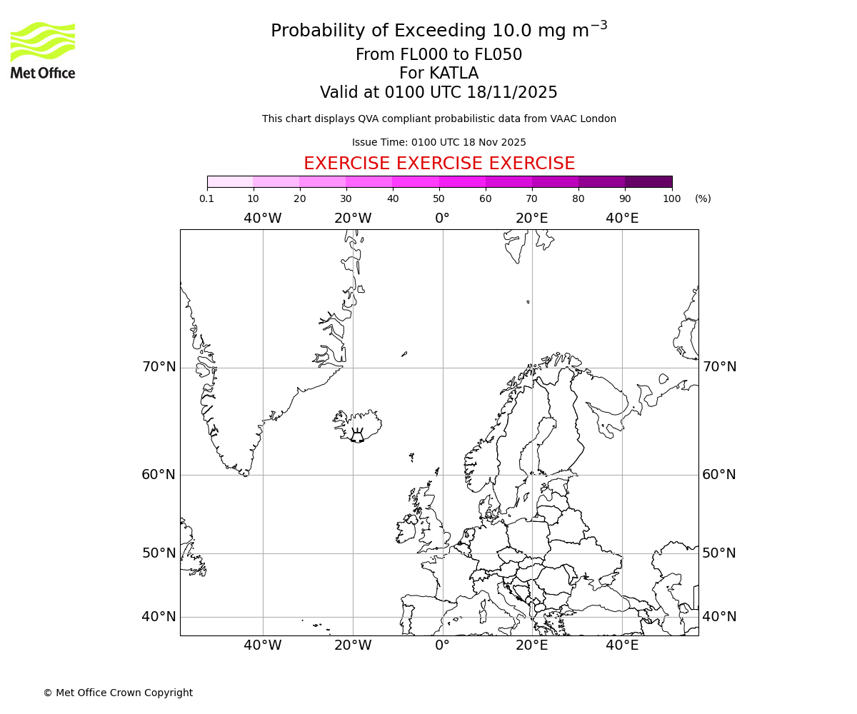 Probability of exceeding 10.0 milligrams per metre cubed. From 000 to 050 for KATLA. Valid at 0100 UTC 18/11/2025