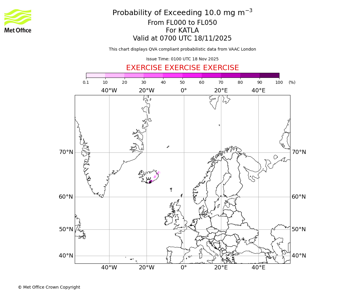 Probability of exceeding 10.0 milligrams per metre cubed. From 000 to 050 for KATLA. Valid at 0700 UTC 18/11/2025