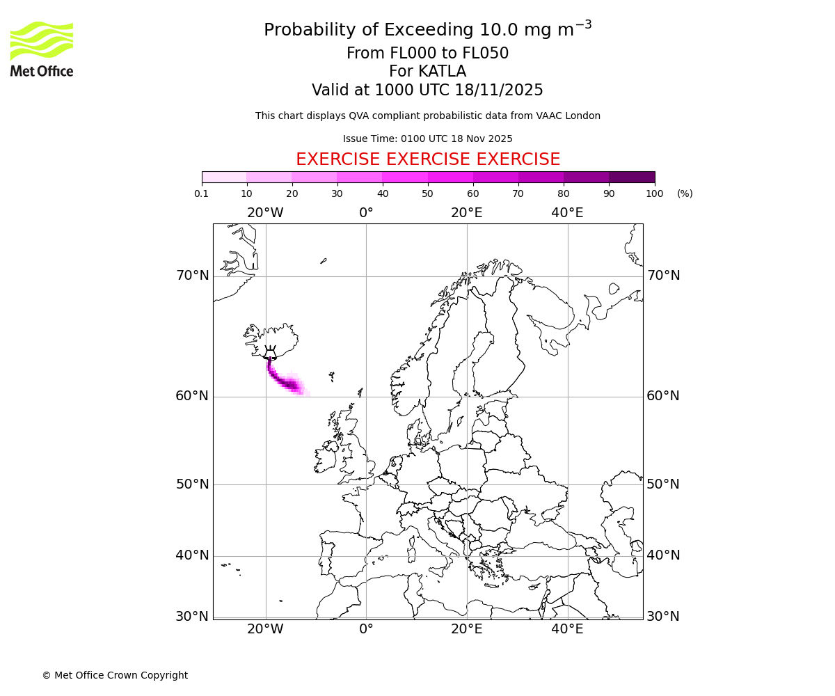 Probability of exceeding 10.0 milligrams per metre cubed. From 000 to 050 for KATLA. Valid at 1000 UTC 18/11/2025