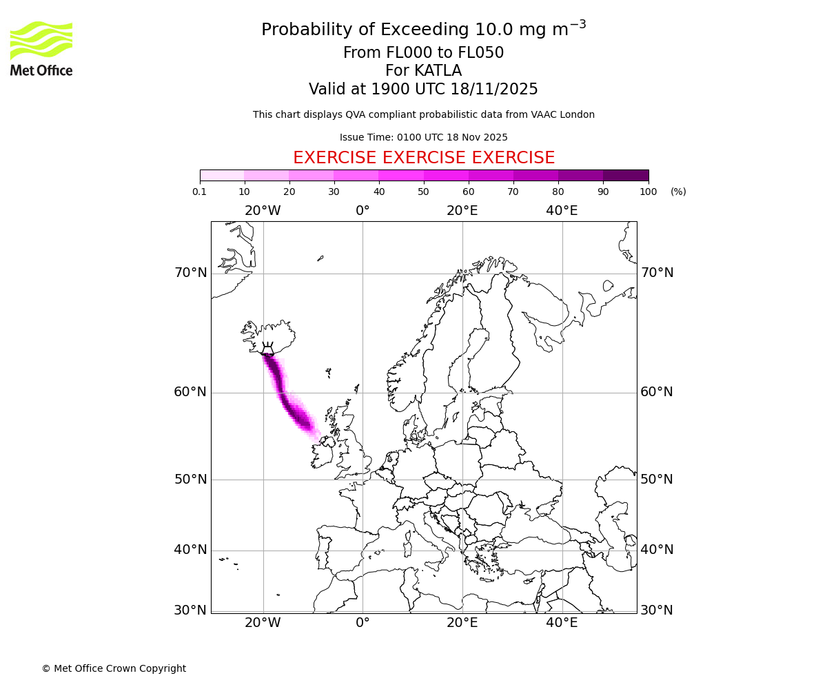 Probability of exceeding 10.0 milligrams per metre cubed. From 000 to 050 for KATLA. Valid at 1900 UTC 18/11/2025