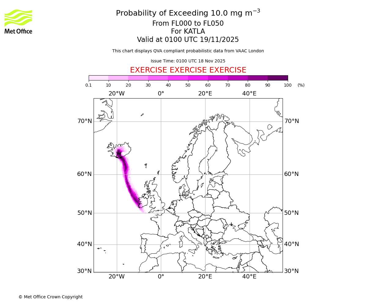 Probability of exceeding 10.0 milligrams per metre cubed. From 000 to 050 for KATLA. Valid at 0100 UTC 19/11/2025