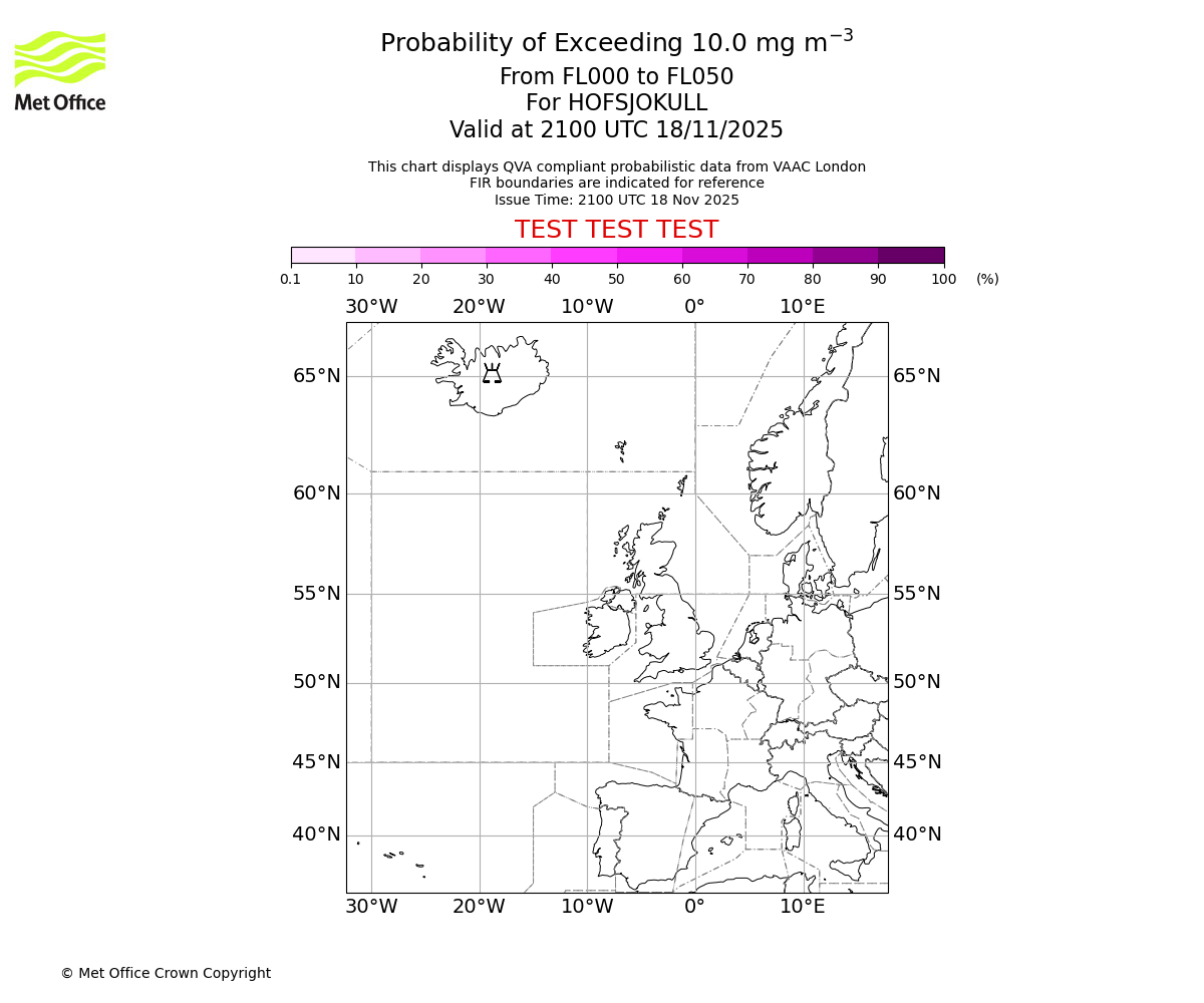 Probability of exceeding 10.0 milligrams per metre cubed. From 000 to 050 for HOFSJOKULL. Valid at 2100 UTC 18/11/2025