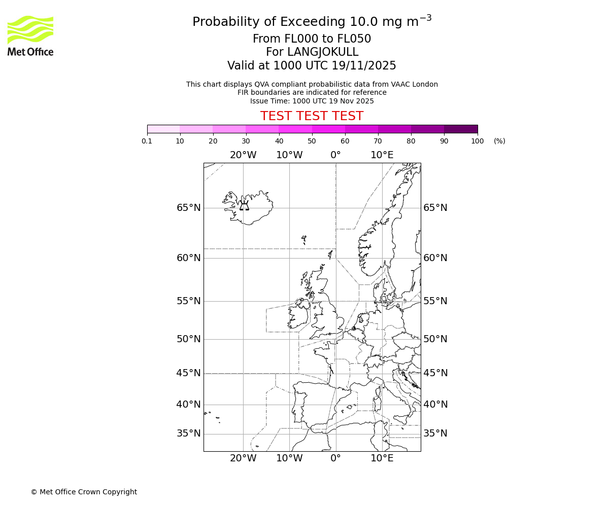 Probability of exceeding 10.0 milligrams per metre cubed. From 000 to 050 for LANGJOKULL. Valid at 1000 UTC 19/11/2025