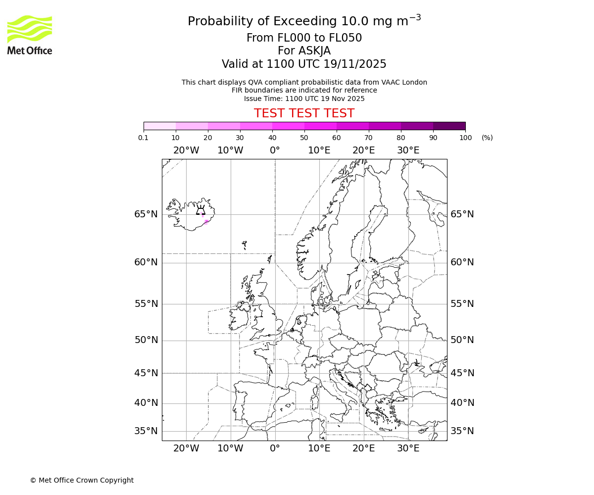 Probability of exceeding 10.0 milligrams per metre cubed. From 000 to 050 for ASKJA. Valid at 1100 UTC 19/11/2025