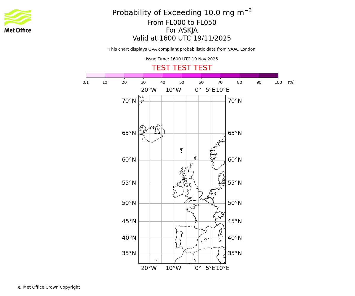 Probability of exceeding 10.0 milligrams per metre cubed. From 000 to 050 for ASKJA. Valid at 1600 UTC 19/11/2025
