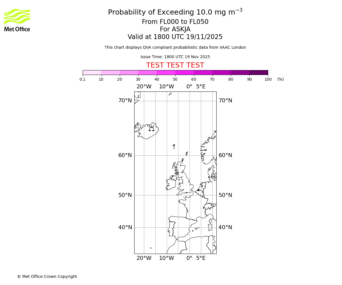 Probability of exceeding 10.0 milligrams per metre cubed. From 000 to 050 for ASKJA. Valid at 1800 UTC 19/11/2025