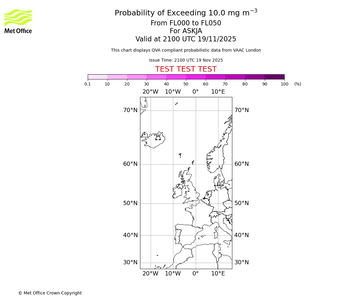 Probability of exceeding 10.0 milligrams per metre cubed. From 000 to 050 for ASKJA. Valid at 2100 UTC 19/11/2025