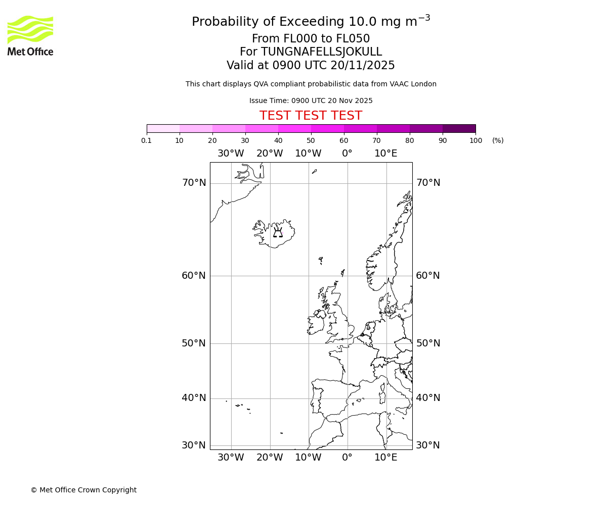 Probability of exceeding 10.0 milligrams per metre cubed. From 000 to 050 for TUNGNAFELLSJOKULL. Valid at 0900 UTC 20/11/2025