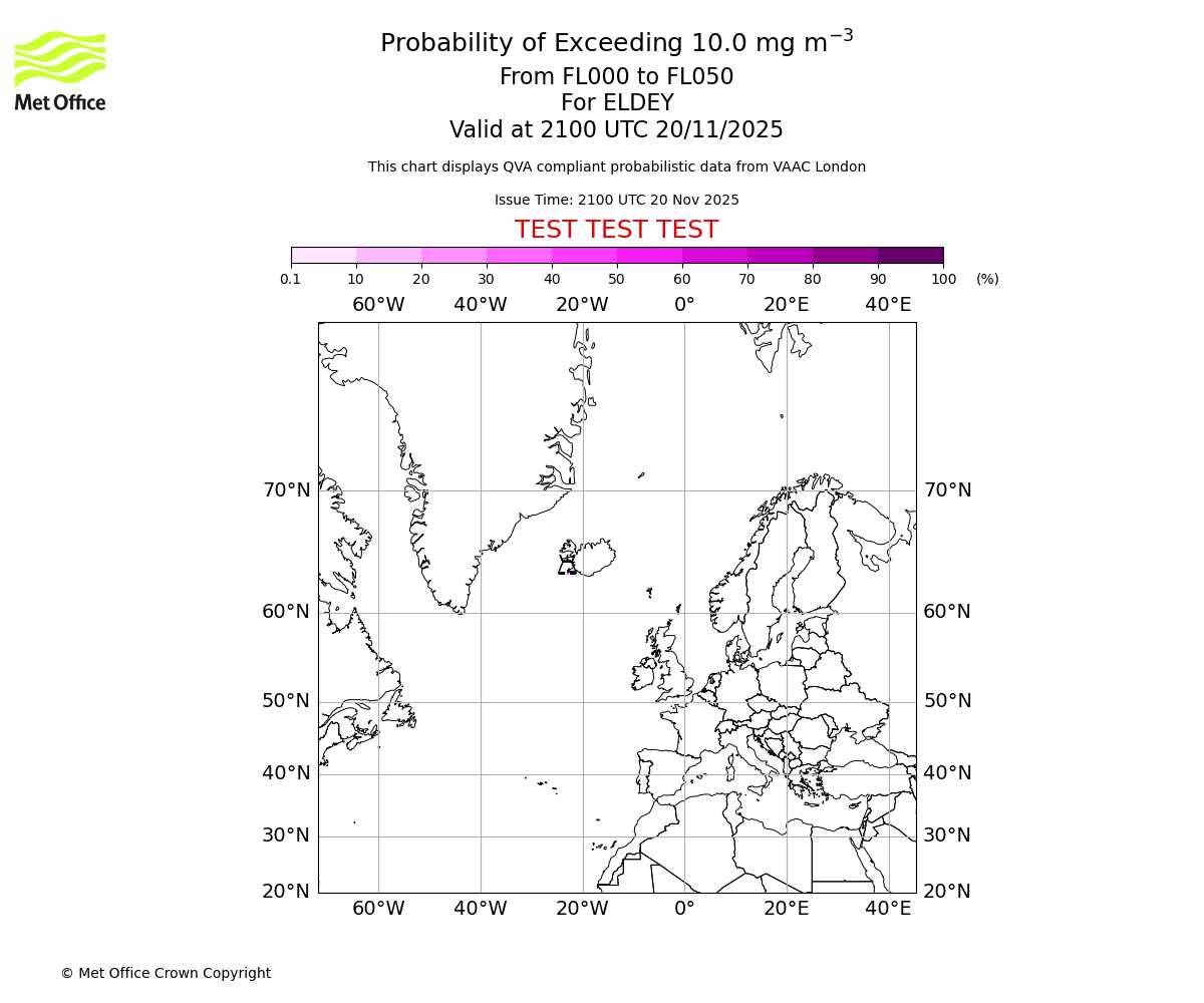 Probability of exceeding 10.0 milligrams per metre cubed. From 000 to 050 for ELDEY. Valid at 2100 UTC 20/11/2025