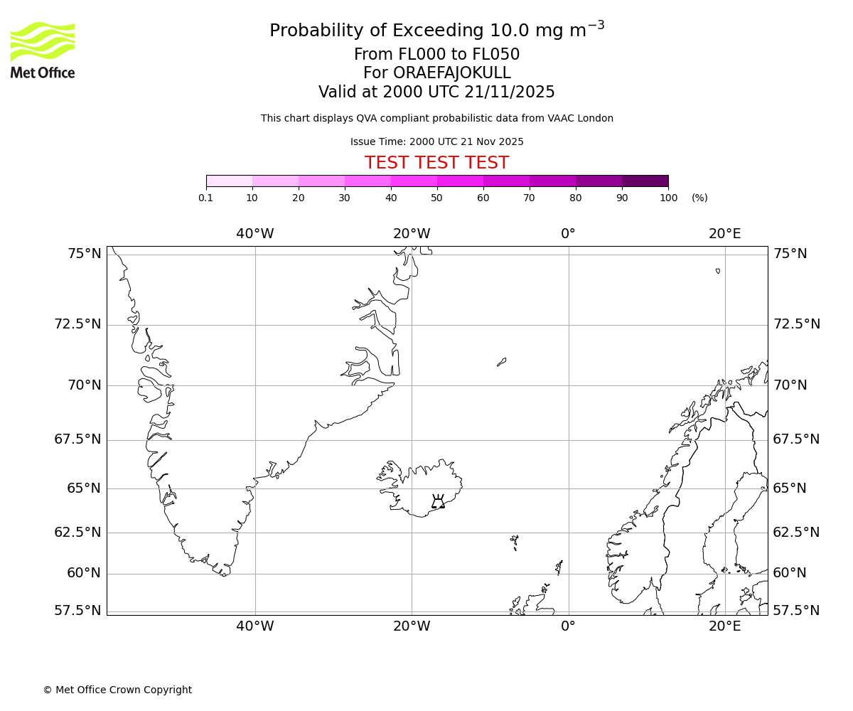 Probability of exceeding 10.0 milligrams per metre cubed. From 000 to 050 for ORAEFAJOKULL. Valid at 2000 UTC 21/11/2025