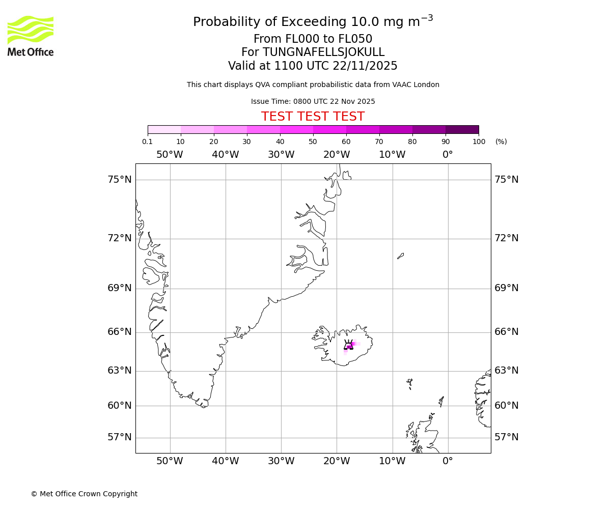 Probability of exceeding 10.0 milligrams per metre cubed. From 000 to 050 for TUNGNAFELLSJOKULL. Valid at 1100 UTC 22/11/2025