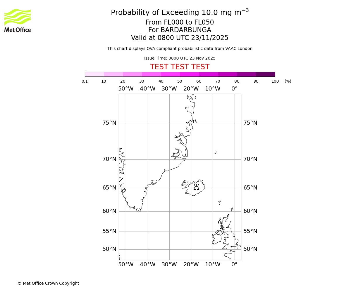 Probability of exceeding 10.0 milligrams per metre cubed. From 000 to 050 for BARDARBUNGA. Valid at 0800 UTC 23/11/2025