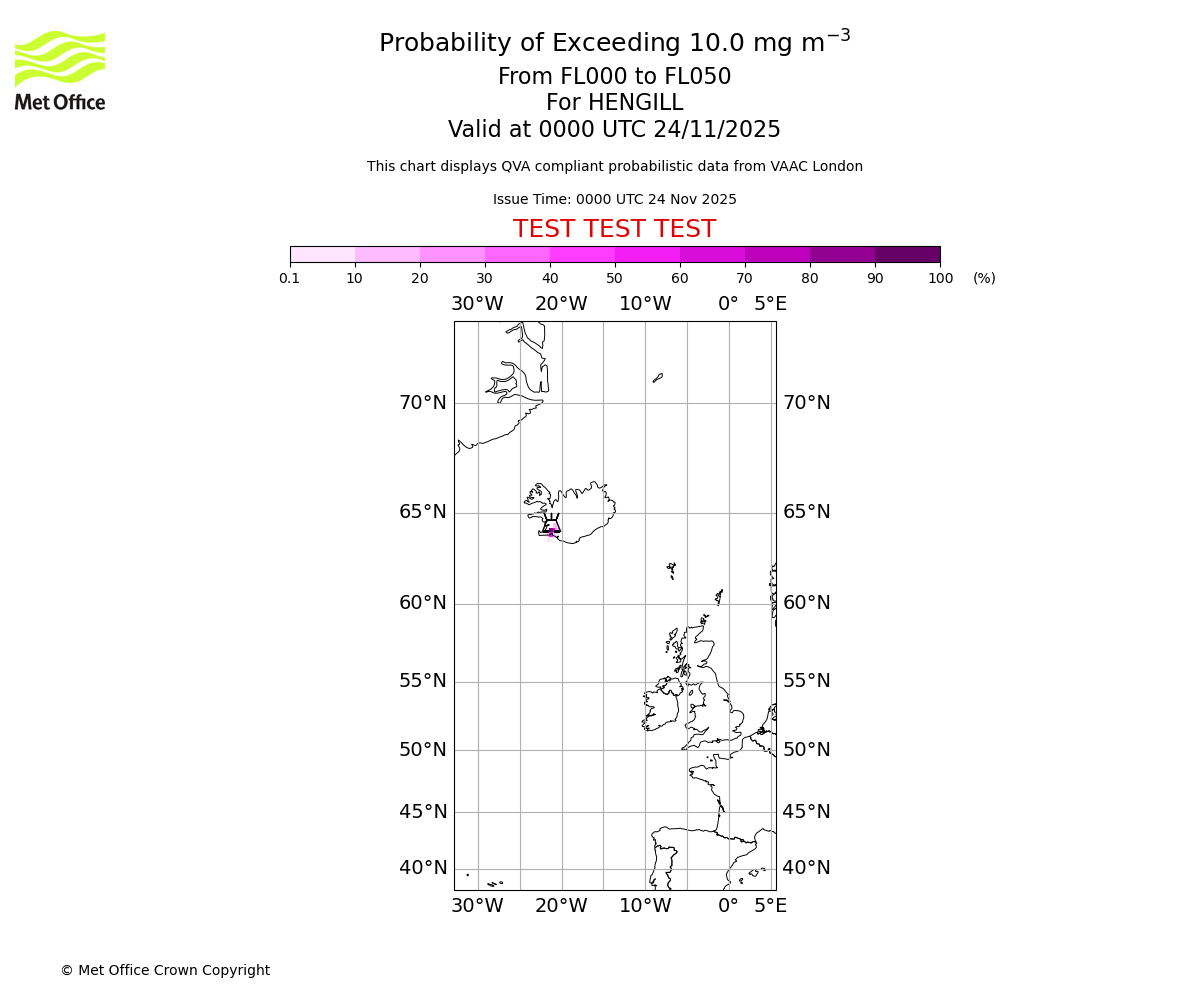 Probability of exceeding 10.0 milligrams per metre cubed. From 000 to 050 for HENGILL. Valid at 0000 UTC 24/11/2025