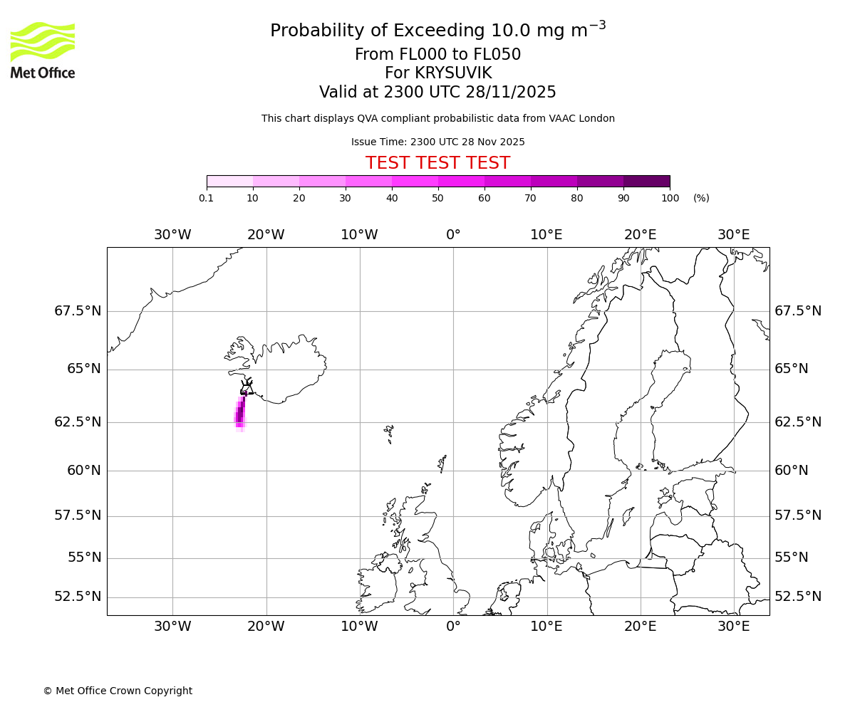 Probability of exceeding 10.0 milligrams per metre cubed. From 000 to 050 for KRYSUVIK. Valid at 2300 UTC 28/11/2025