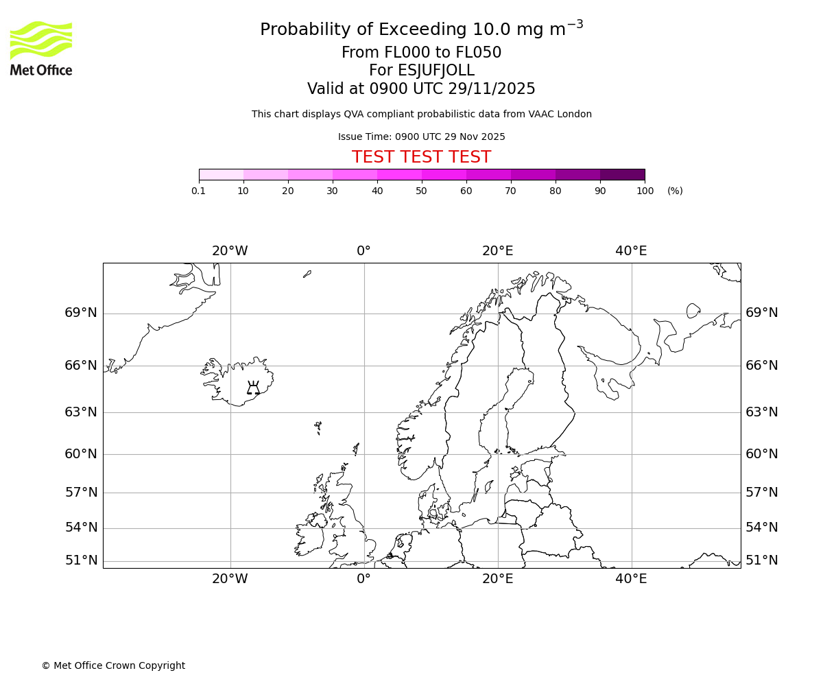 Probability of exceeding 10.0 milligrams per metre cubed. From 000 to 050 for ESJUFJOLL. Valid at 0900 UTC 29/11/2025