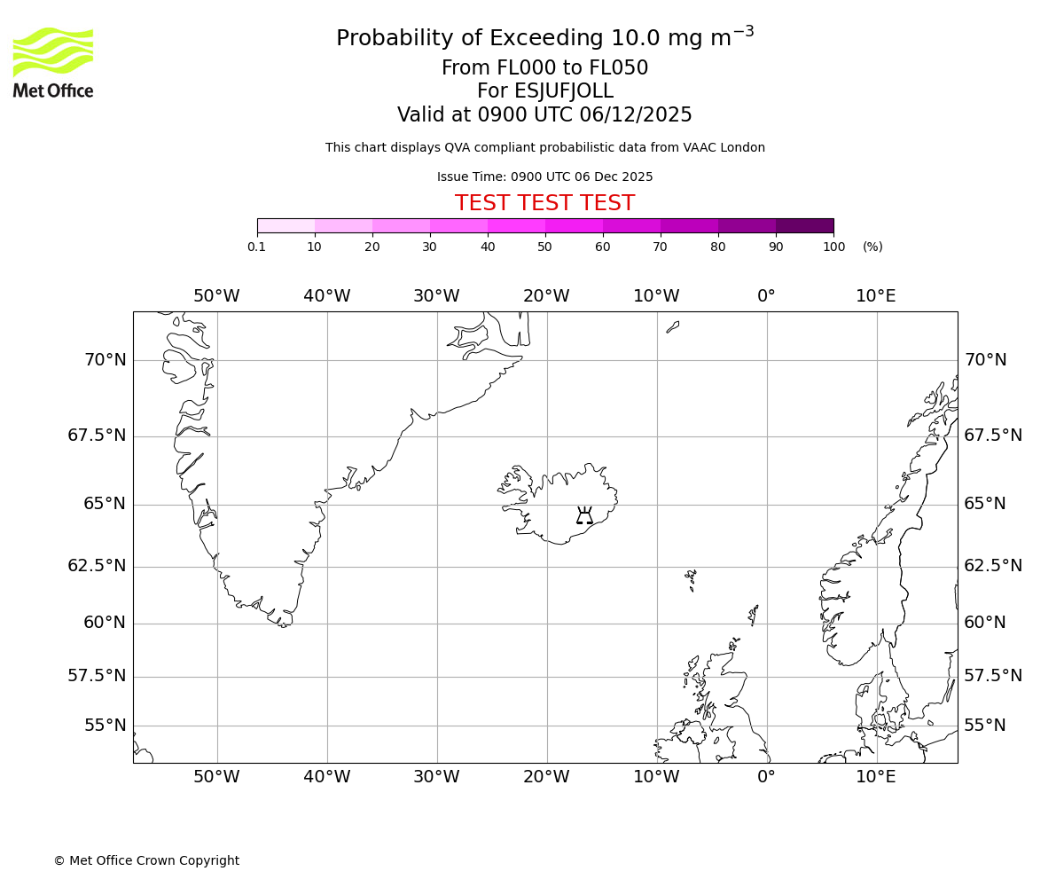 Probability of exceeding 10.0 milligrams per metre cubed. From 000 to 050 for ESJUFJOLL. Valid at 0900 UTC 06/12/2025