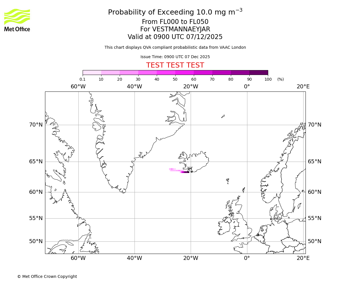 Probability of exceeding 10.0 milligrams per metre cubed. From 000 to 050 for VESTMANNAEYJAR. Valid at 0900 UTC 07/12/2025