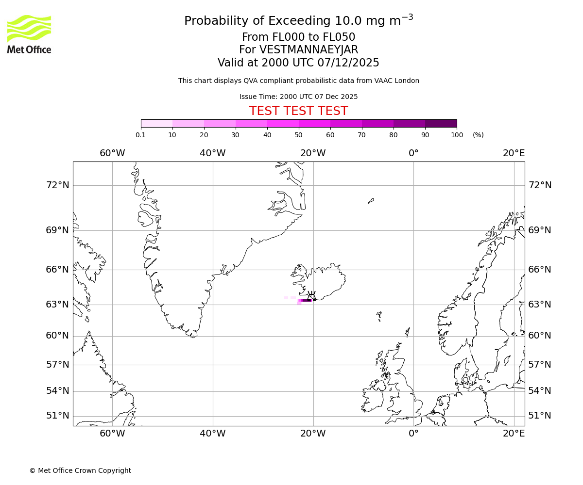 Probability of exceeding 10.0 milligrams per metre cubed. From 000 to 050 for VESTMANNAEYJAR. Valid at 2000 UTC 07/12/2025