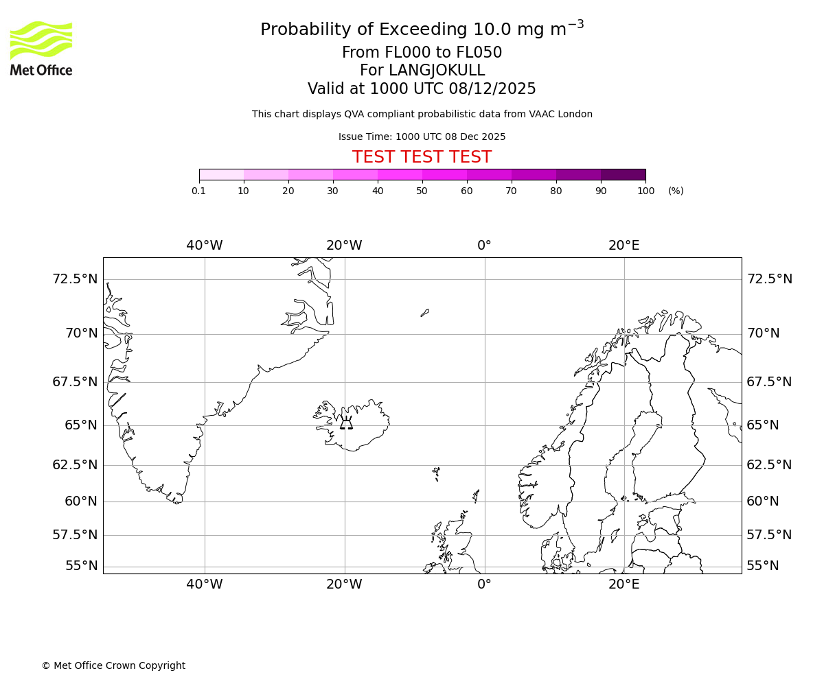 Probability of exceeding 10.0 milligrams per metre cubed. From 000 to 050 for LANGJOKULL. Valid at 1000 UTC 08/12/2025