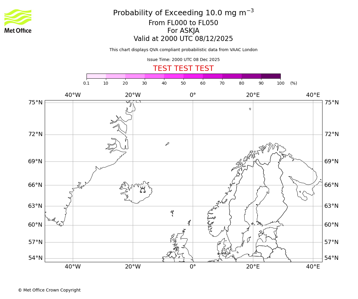 Probability of exceeding 10.0 milligrams per metre cubed. From 000 to 050 for ASKJA. Valid at 2000 UTC 08/12/2025