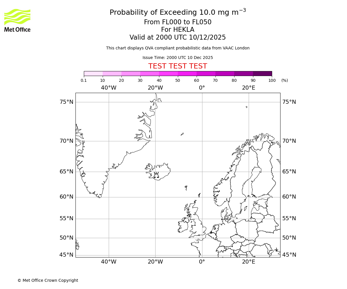 Probability of exceeding 10.0 milligrams per metre cubed. From 000 to 050 for HEKLA. Valid at 2000 UTC 10/12/2025
