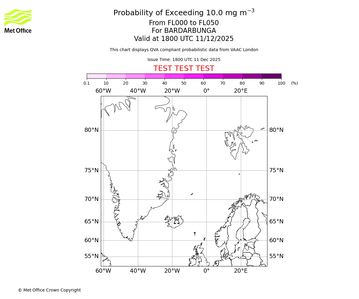 Probability of exceeding 10.0 milligrams per metre cubed. From 000 to 050 for BARDARBUNGA. Valid at 1800 UTC 11/12/2025