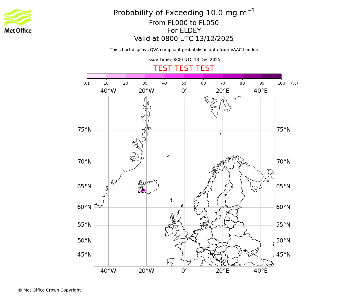 Probability of exceeding 10.0 milligrams per metre cubed. From 000 to 050 for ELDEY. Valid at 0800 UTC 13/12/2025