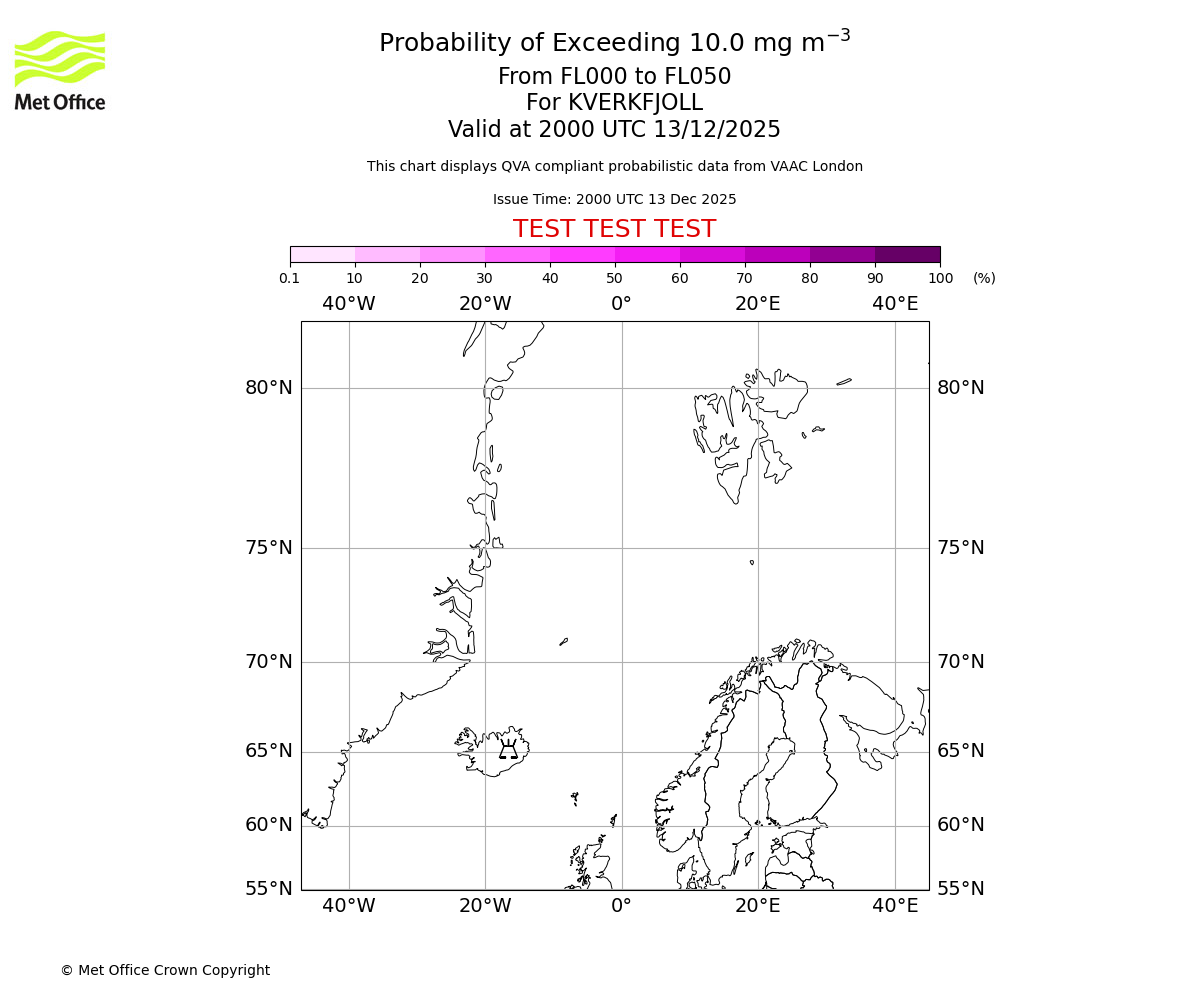 Probability of exceeding 10.0 milligrams per metre cubed. From 000 to 050 for KVERKFJOLL. Valid at 2000 UTC 13/12/2025