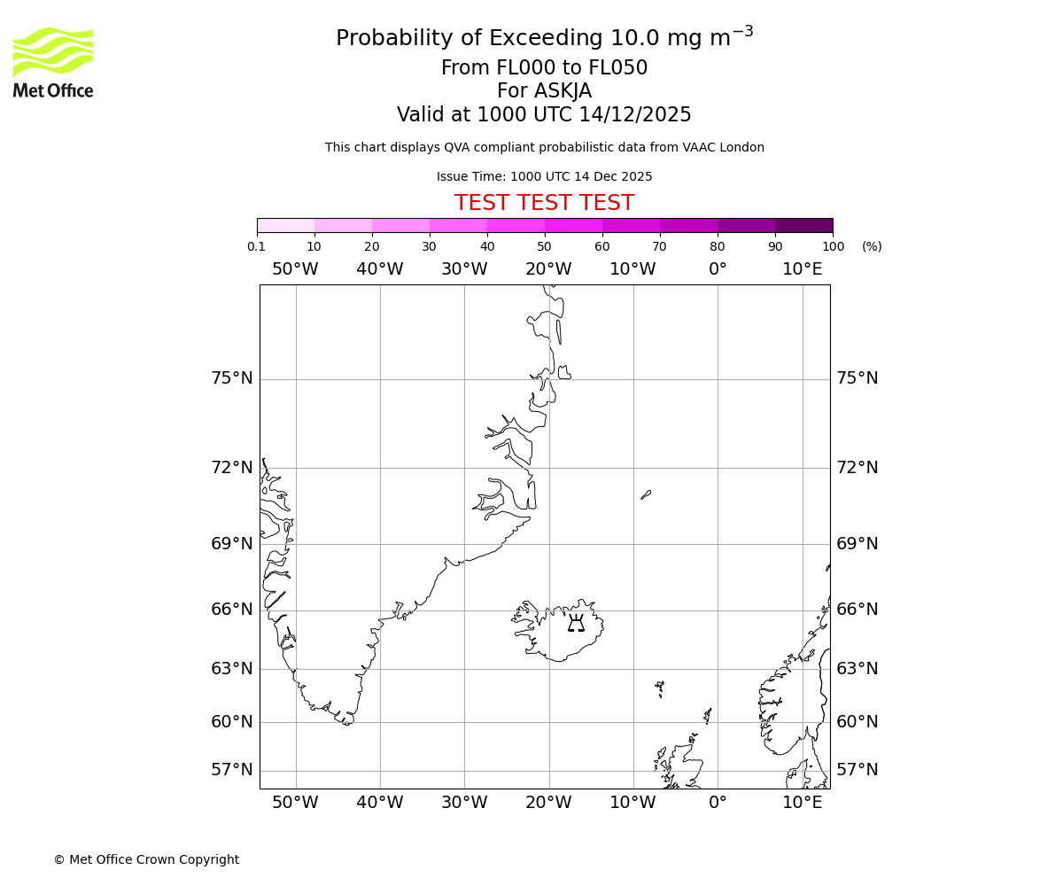 Probability of exceeding 10.0 milligrams per metre cubed. From 000 to 050 for ASKJA. Valid at 1000 UTC 14/12/2025