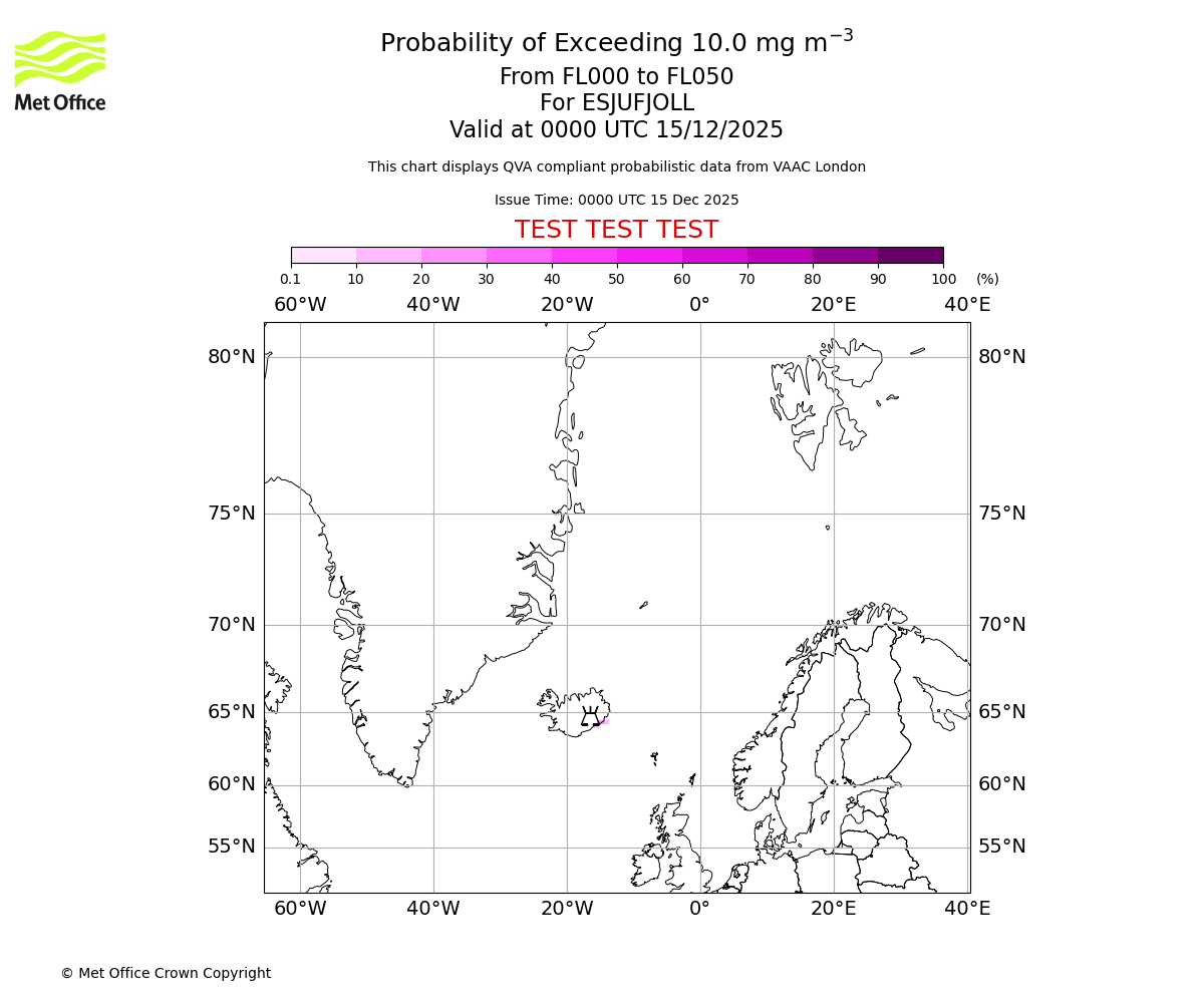 Probability of exceeding 10.0 milligrams per metre cubed. From 000 to 050 for ESJUFJOLL. Valid at 0000 UTC 15/12/2025